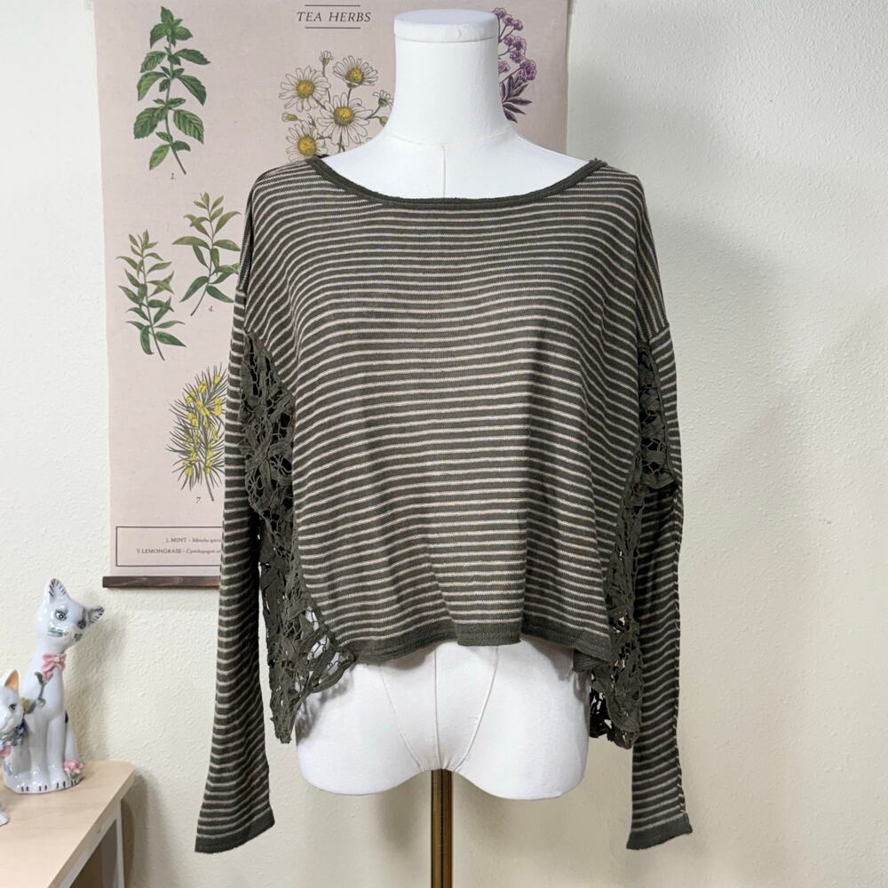 Free People Striped Linen Crochet Oversized Top Fairy Grunge Indie Sleaze XS